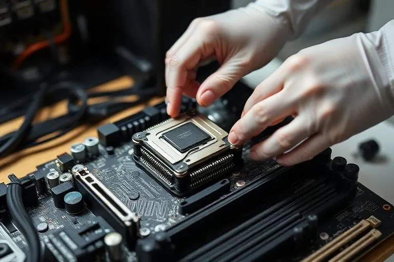 Technician installing CPU on motherboard during custom PC assembly