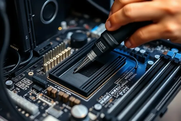 Computer technician performing hardware diagnostics and motherboard repair in Sterling, VA
