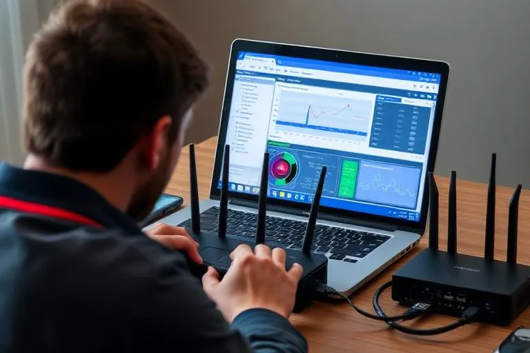 Technician troubleshooting home Wi-Fi router and network connection